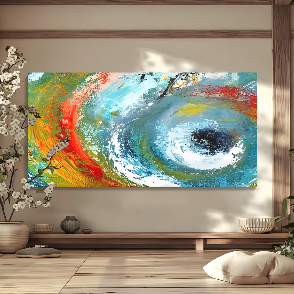 Tablou canvas cu pictura abstracta cu vartej de culori, fara rama, pe sasiu de lemn